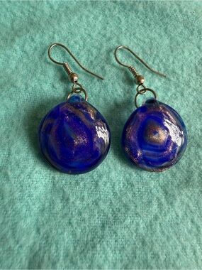 Vintage Murano Glass Cobalt Blue & Aventurine Gold Swirl Dangle Earrings